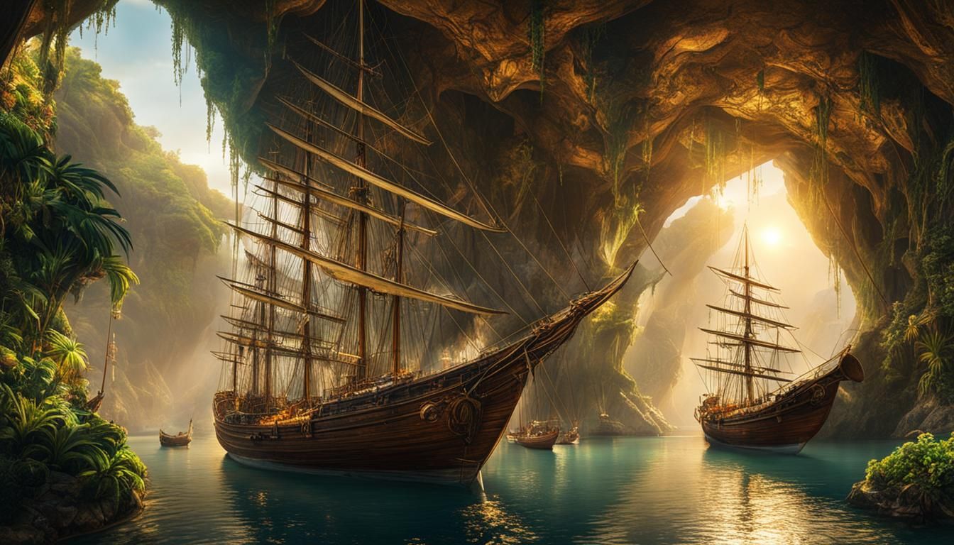 Tropical Marina in Cave with Tall Ships
