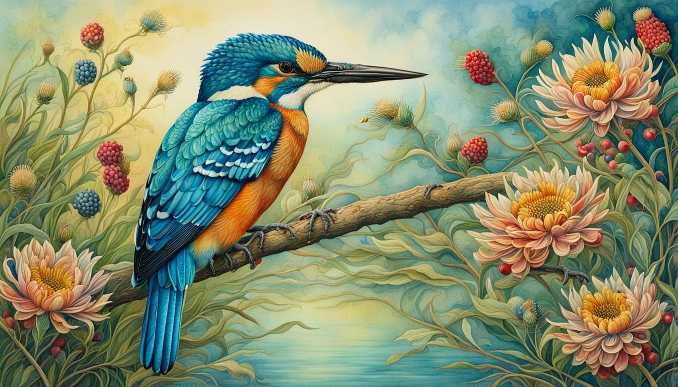 Kingfisher with Flowers, Watercolor Painting Art