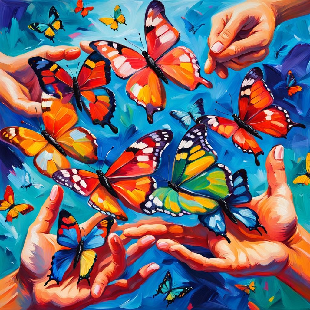 Vibrant Butterflies Held in Fauvist Oil Painting