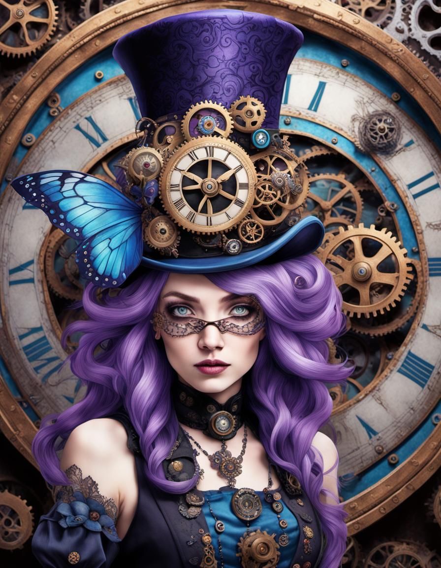 Steampunk Woman with Clockwork Top Hat Portrait