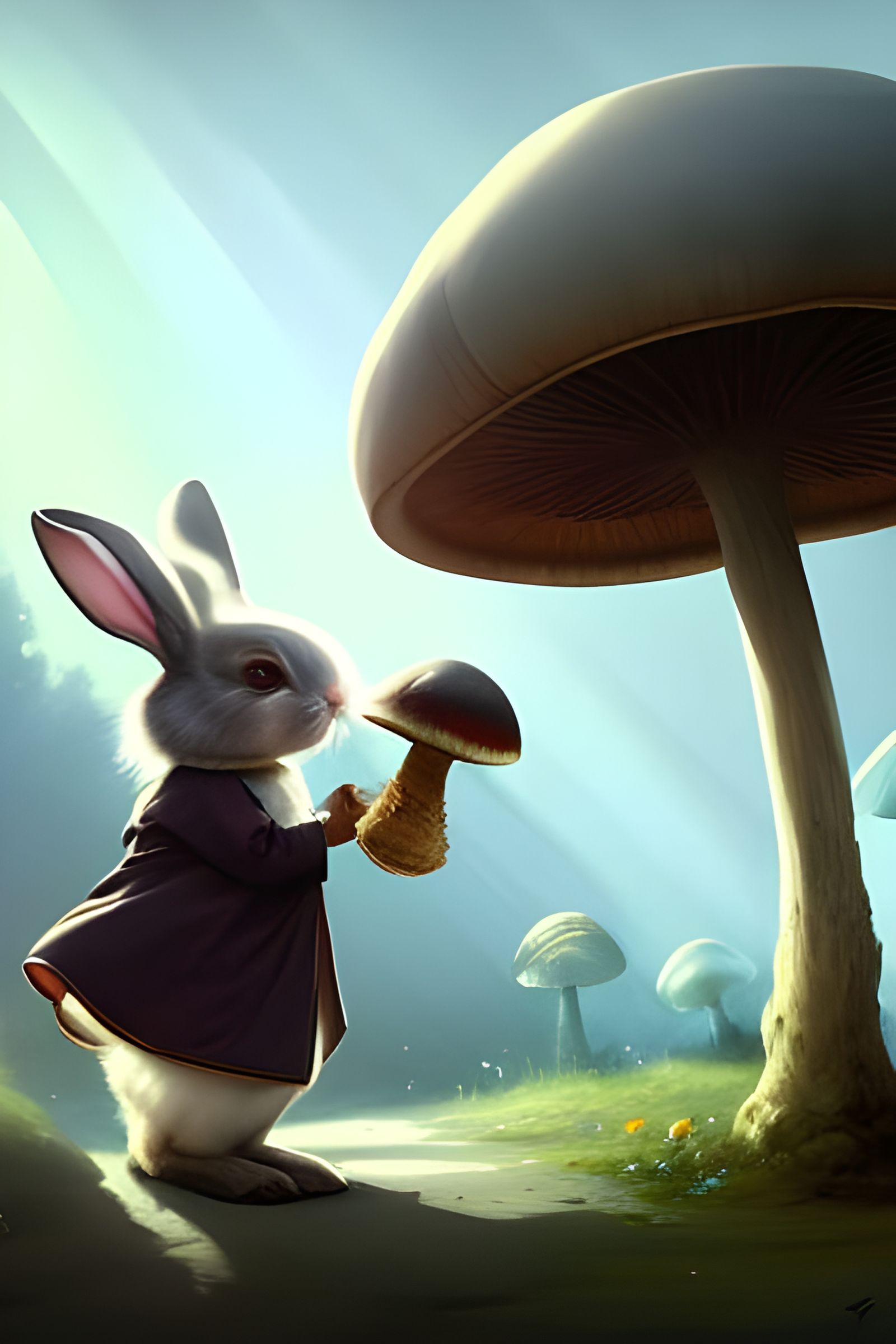 Victorian Bunny Playing by a Giant Mushroom