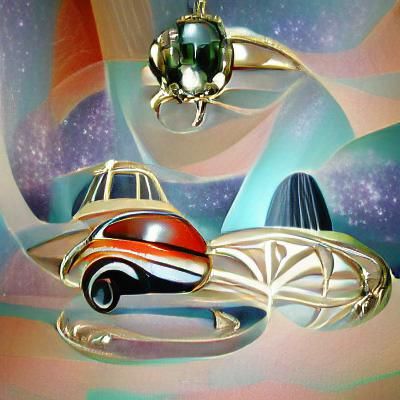 Art Deco Flying Car Over Ringed Planet