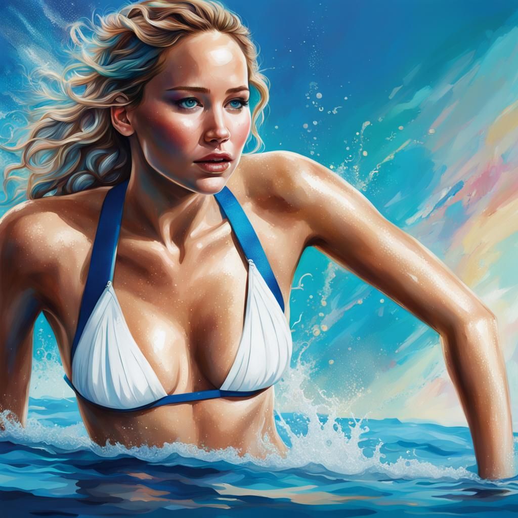 Jennifer Lawrence in White Bikini: Hyperrealistic Splash Art