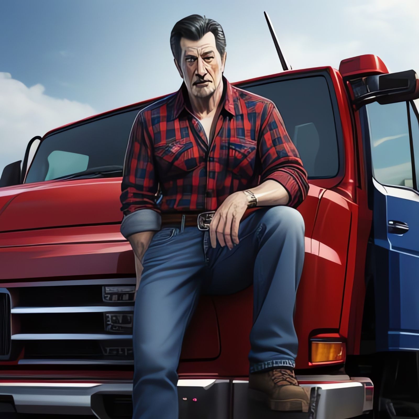 Optimus Prime, human male, wears a red flannel shirt, blue jeans, and looks rugged. He resembles the actor Peter Cullen....