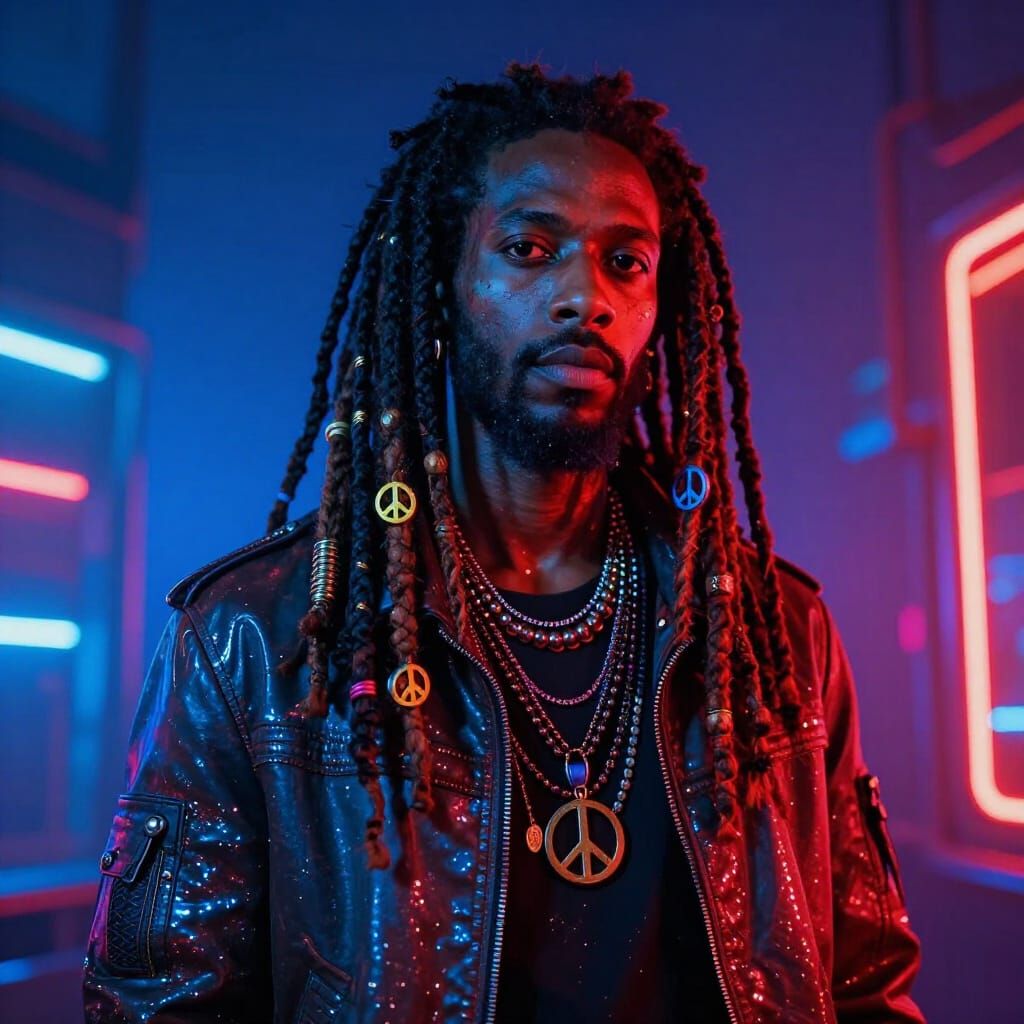 Futuristic Rastaman with Fish Dreadlocks in Neon Cyberpunk S...