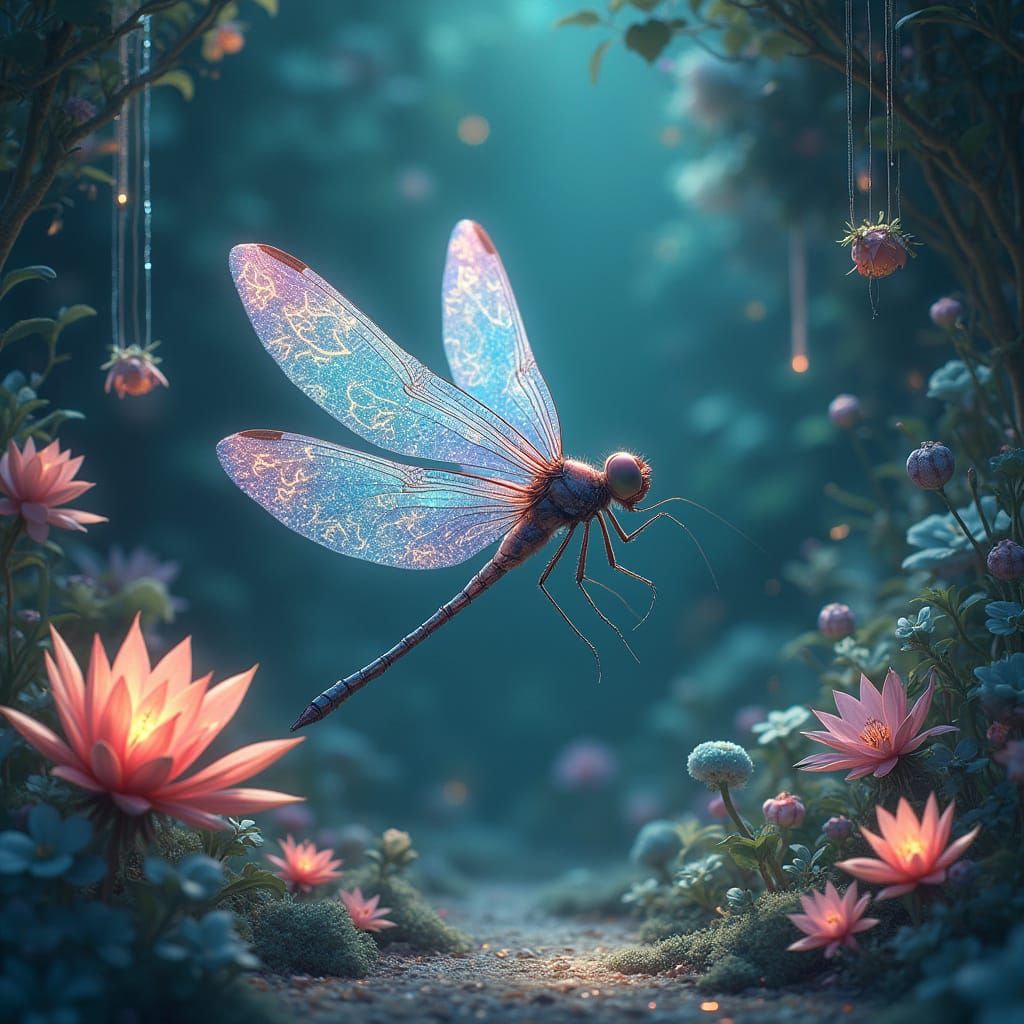 Bioluminescent Dragonfly in Alien Garden, Art Nouveau Style