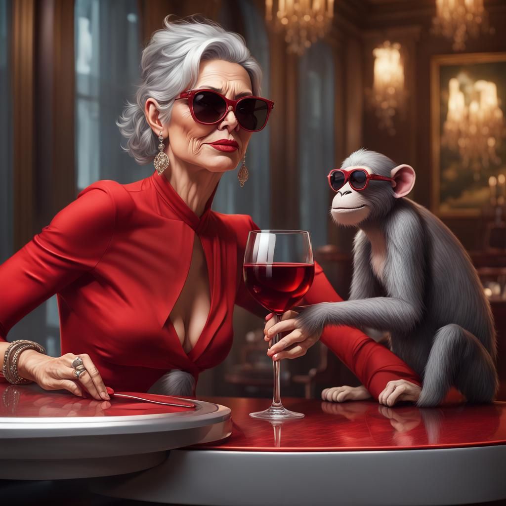 Woman with Wine in Restaurant, Digital Art Portrait