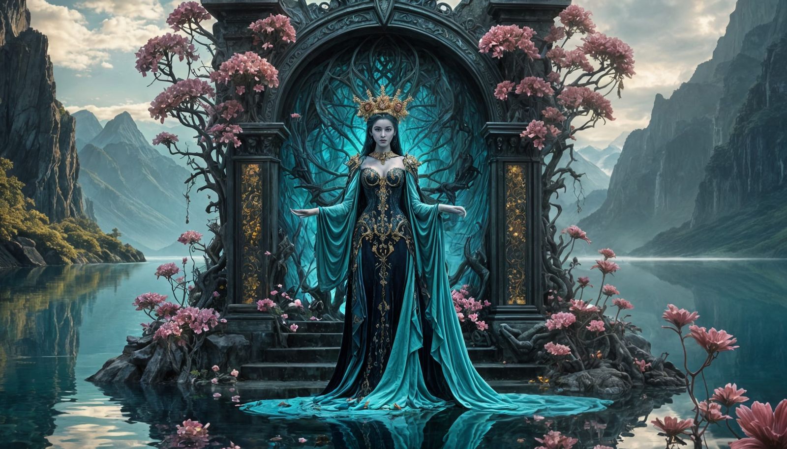 Hades and Persephone in Ethereal Landscape