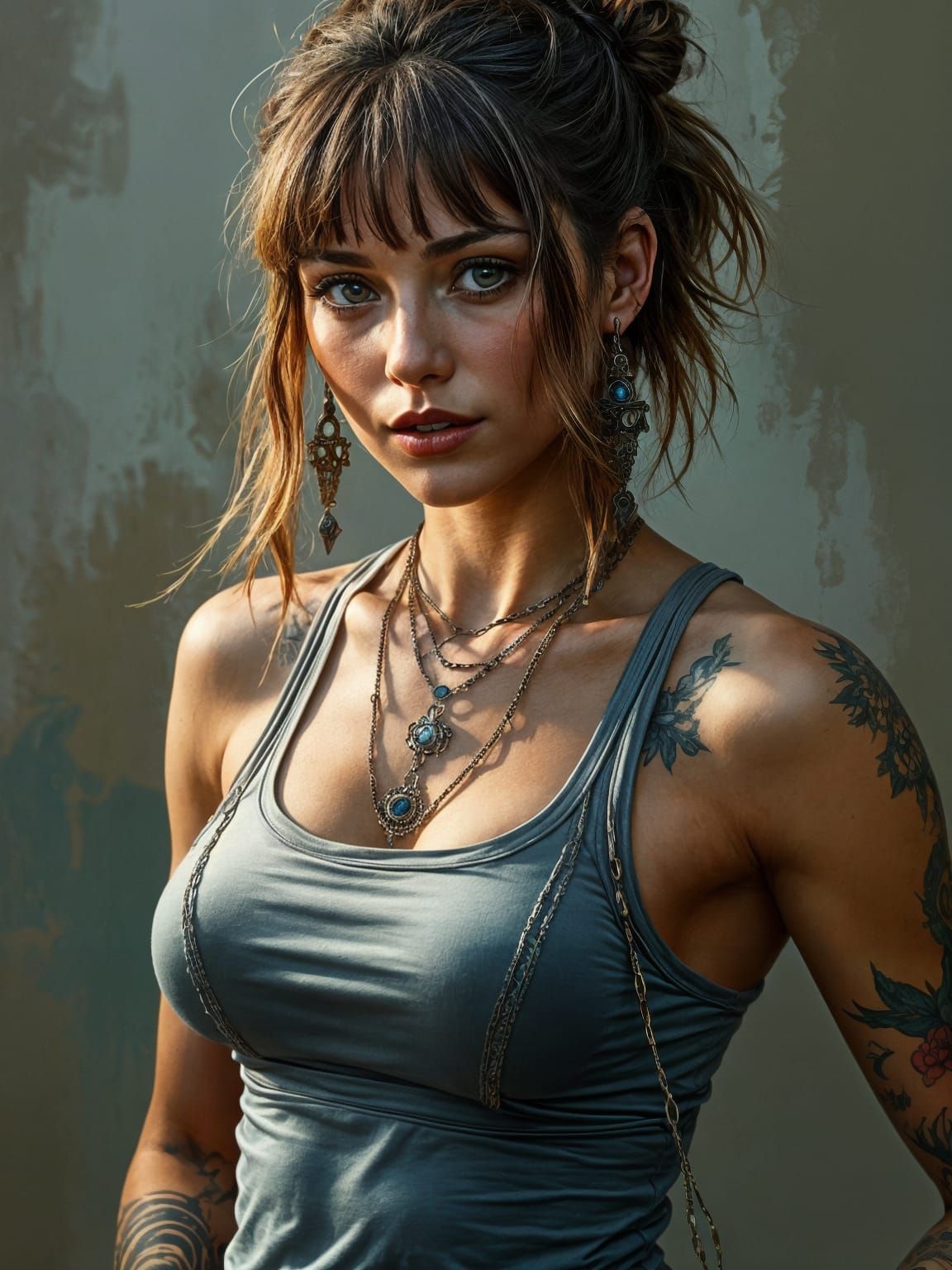 Athletic Woman with Tattoos and Intricate Jewelry