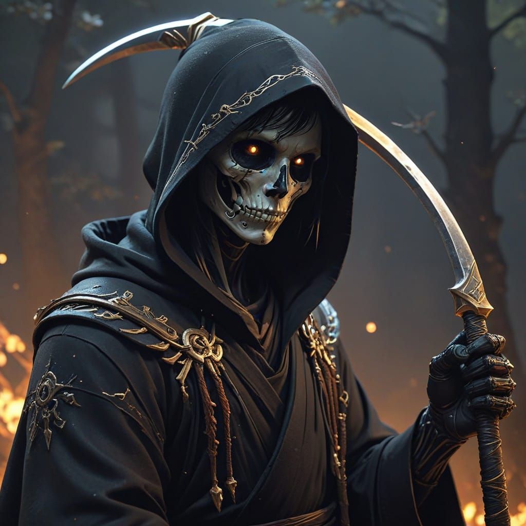 Skeletal Figure in Dark Fantasy Robes, Holding Scythe with G...