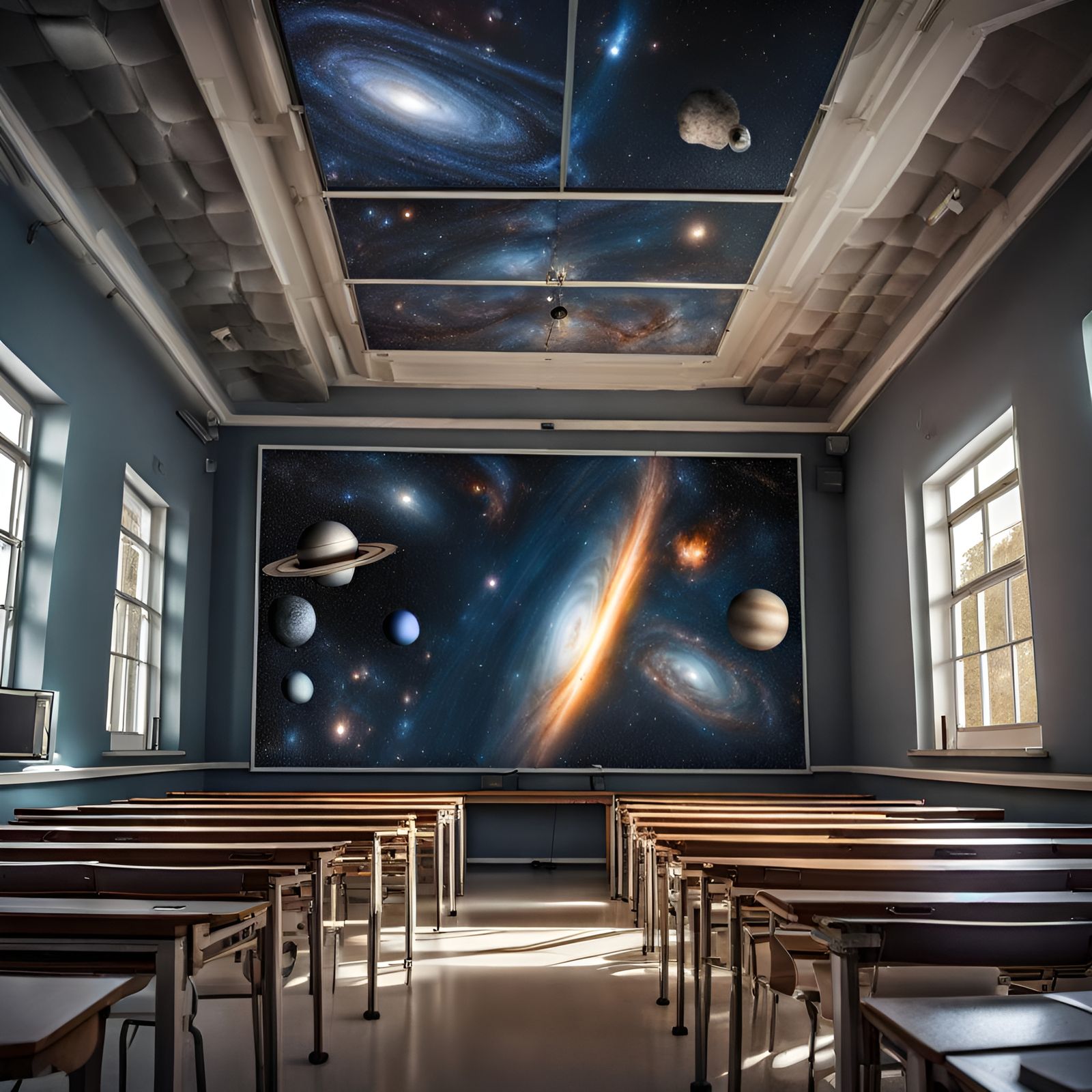 Hyperrealistic Astronomy Classroom with Telescopes and Galax...