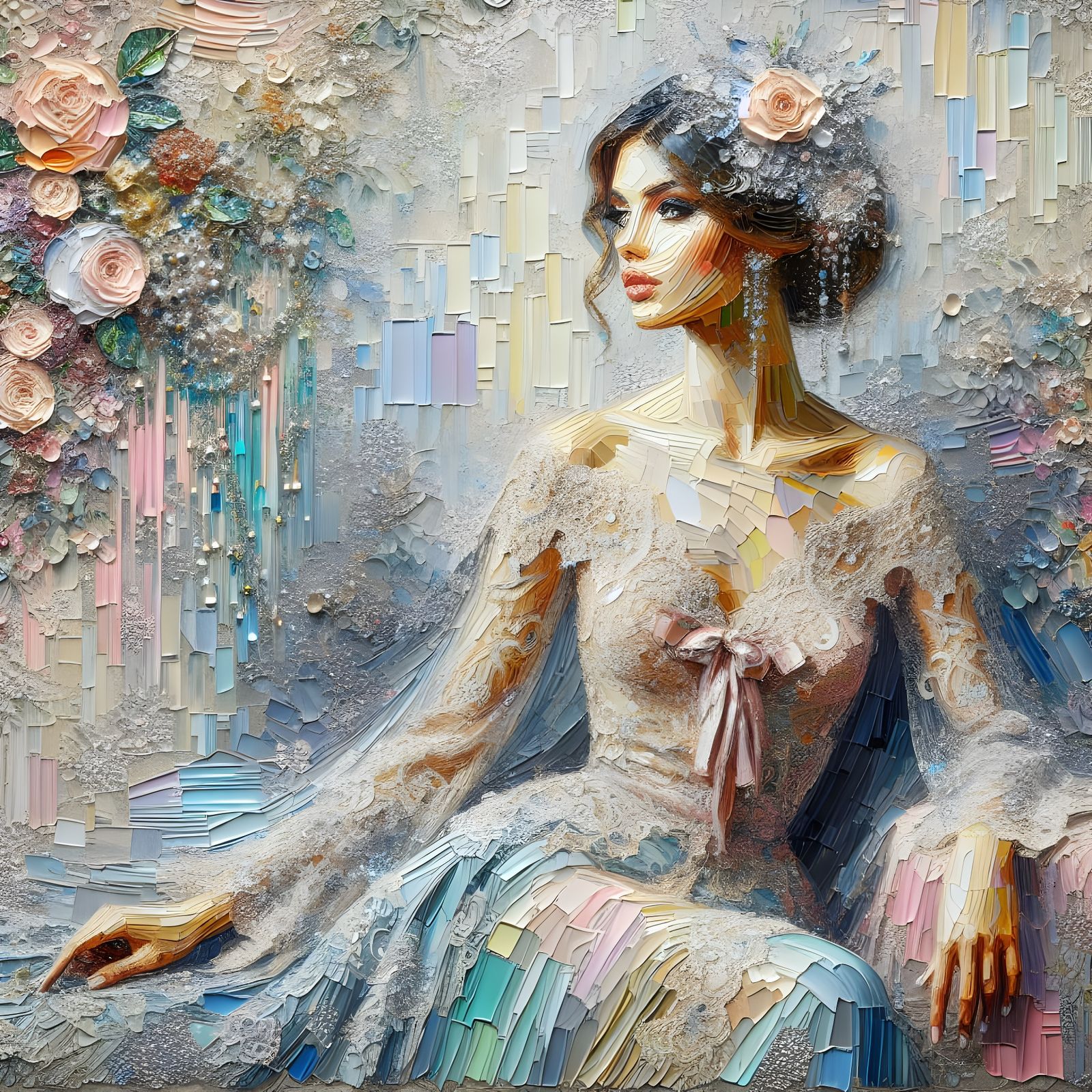 Exquisite Woman in Lace Gown: An Impasto Painting