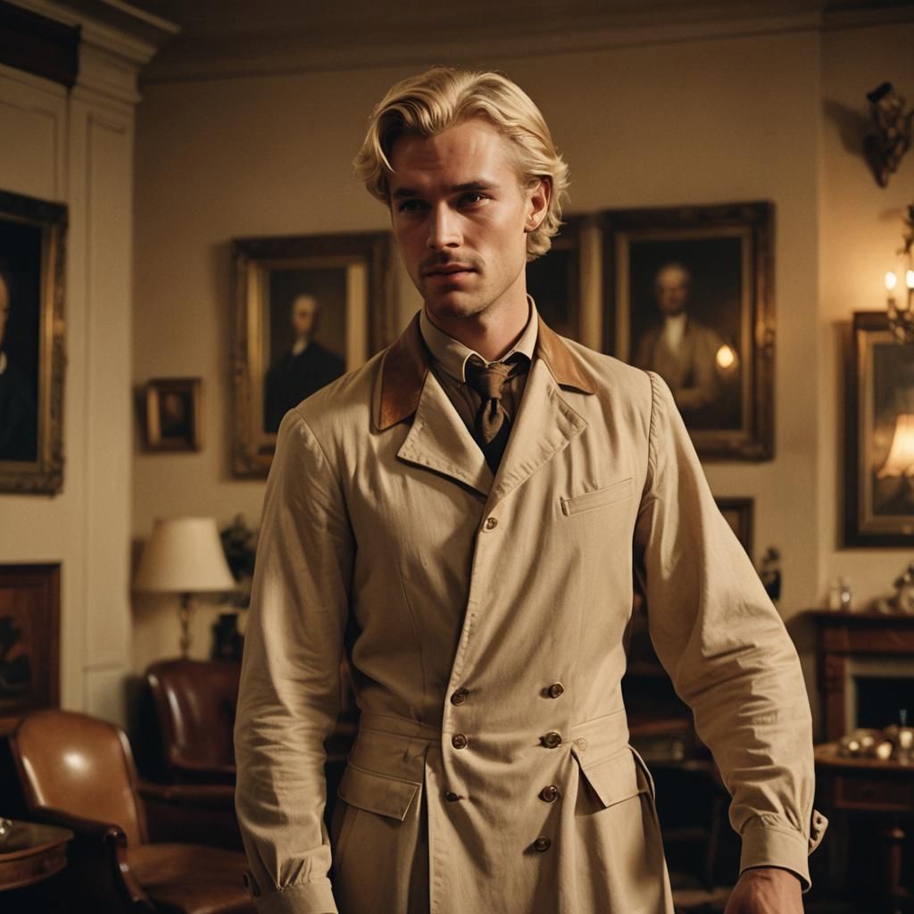 Aristocratic Blond Man in British Parlour, Cinematic Style
