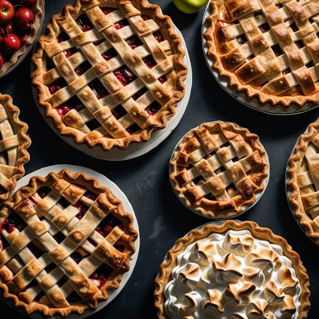 cherry pie, lemon meringue pie and apple pie