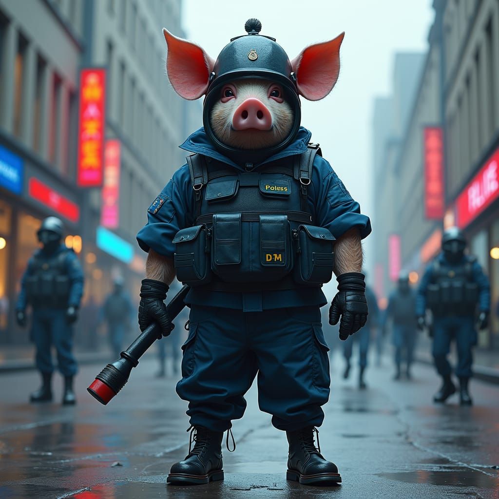 Pig in Riot Gear in Dystopian London