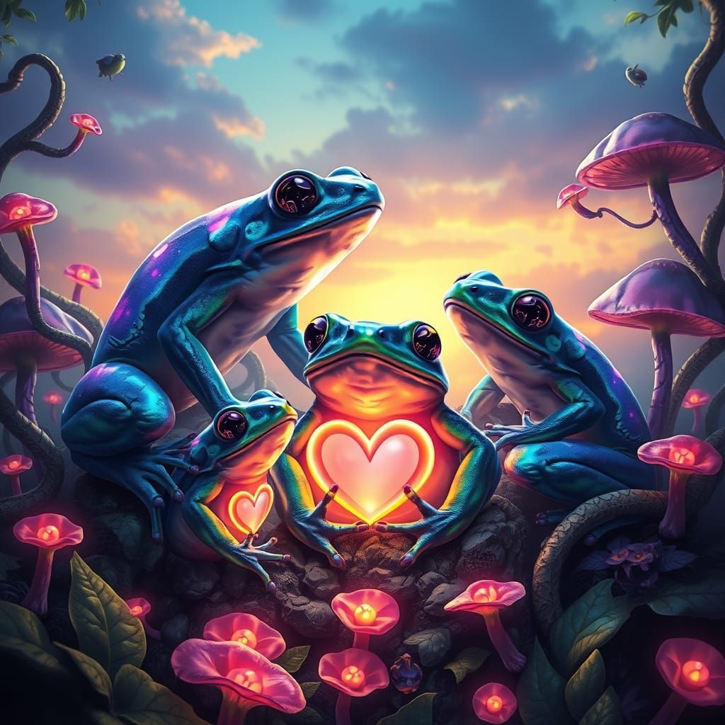 Whimsical, Iridescent Frogs in Enchanted Forest