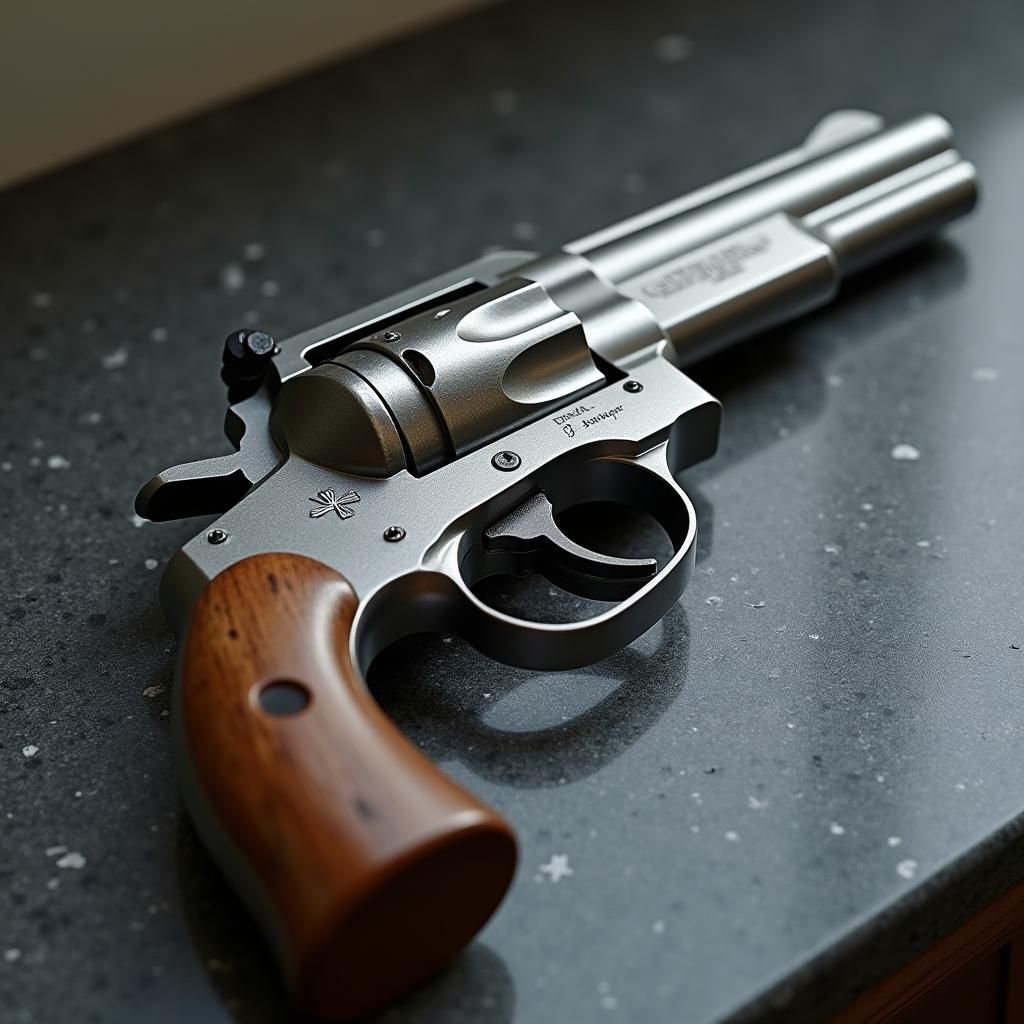 Metallic Revolver Handgun on Granite Countertop