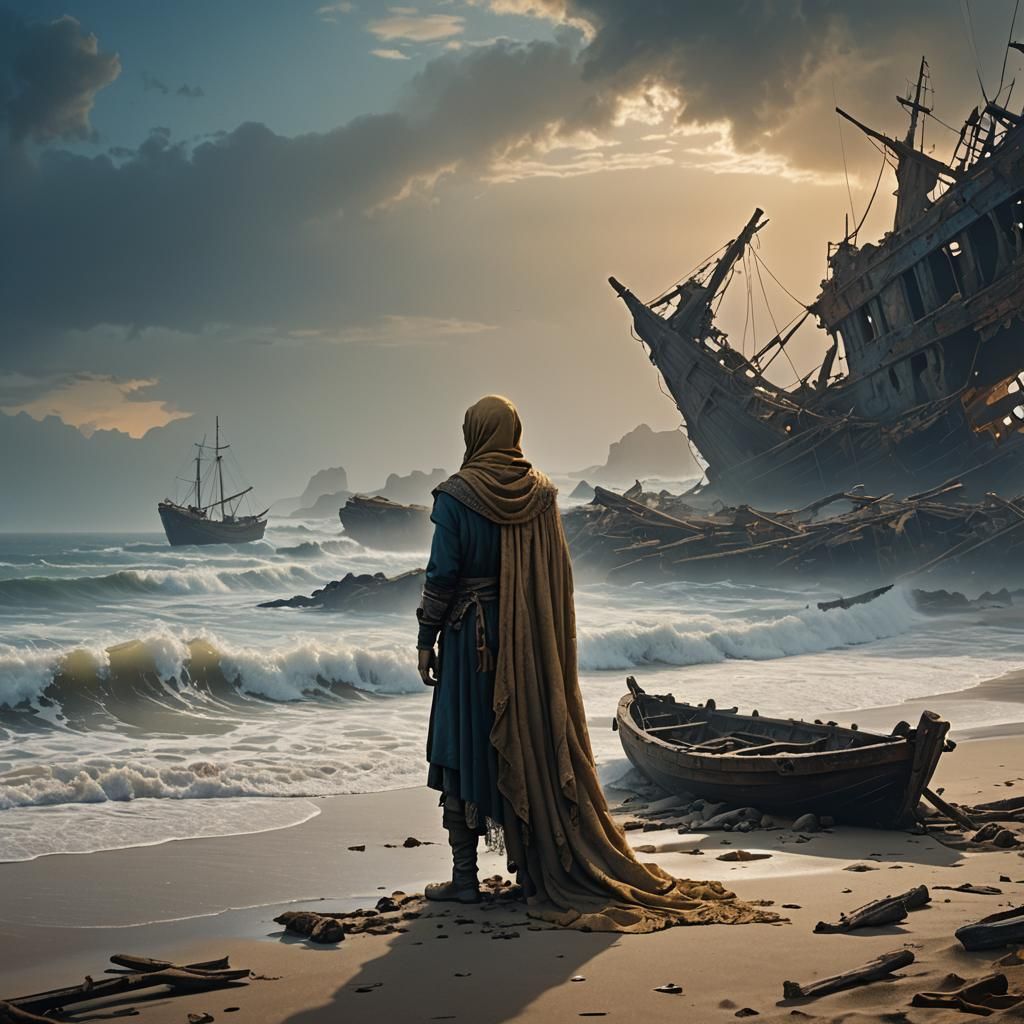 Shipwrecked Figure Amidst Wreckage in Matte Painting Style