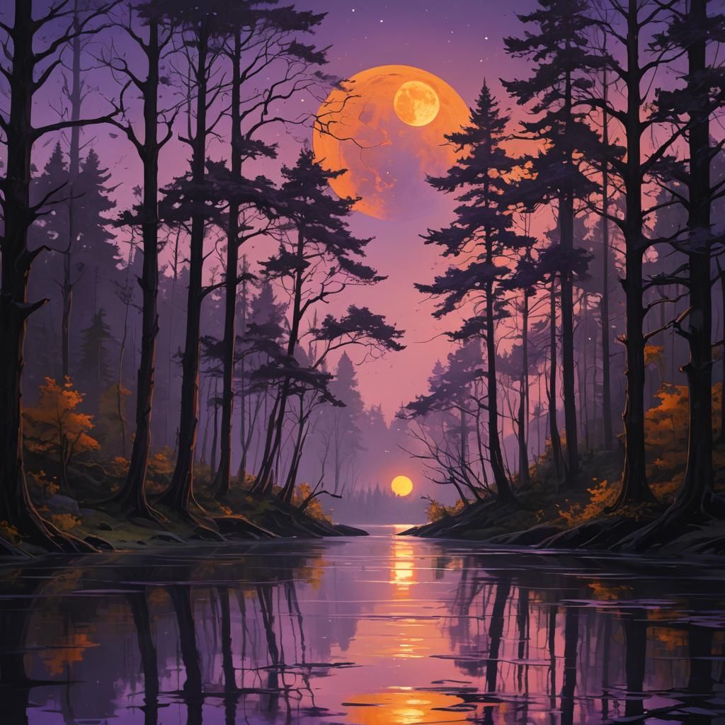 Night Lake Dark Fantasy Landscape in Oil Painting Style