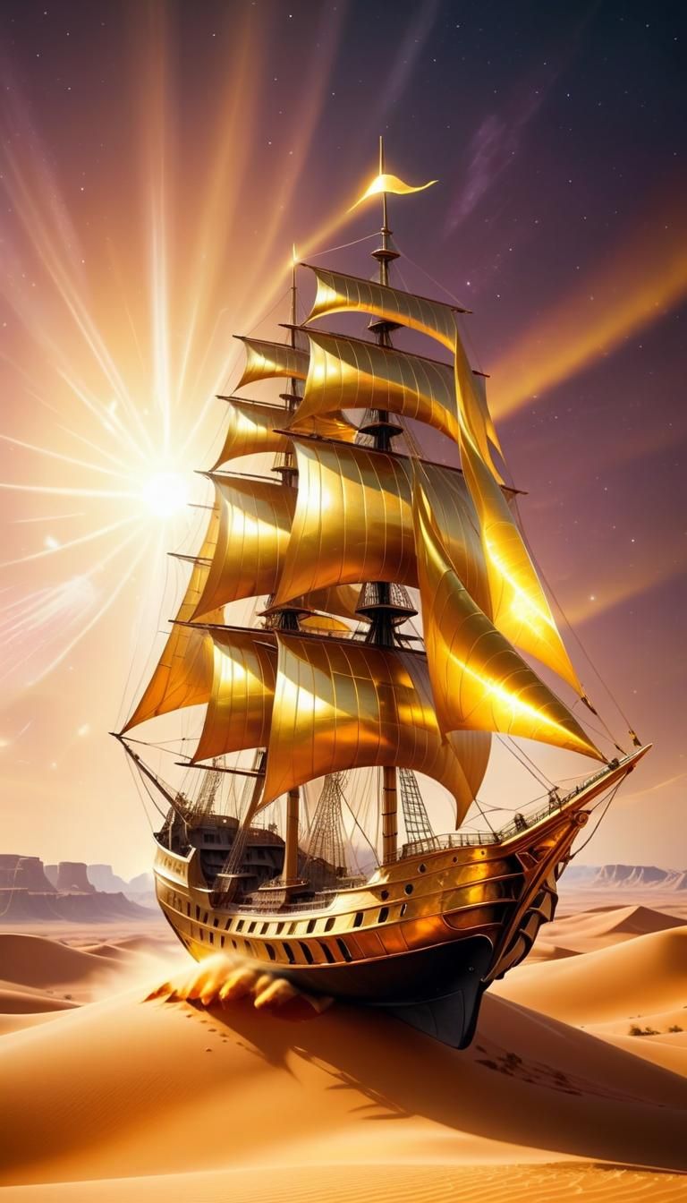 Golden Sailing Ship Soaring Over Desert Sky
