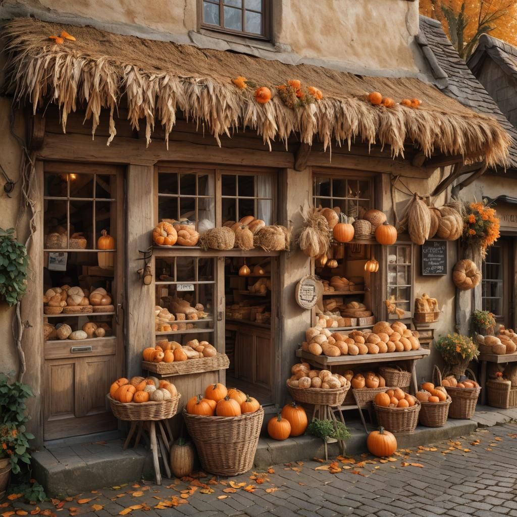 Rustic Bakery with Autumn Decorations in Golden Light
