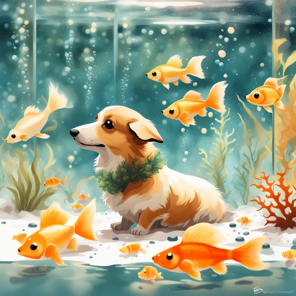 Corgi Observes Goldfish in Watercolor Splash Art