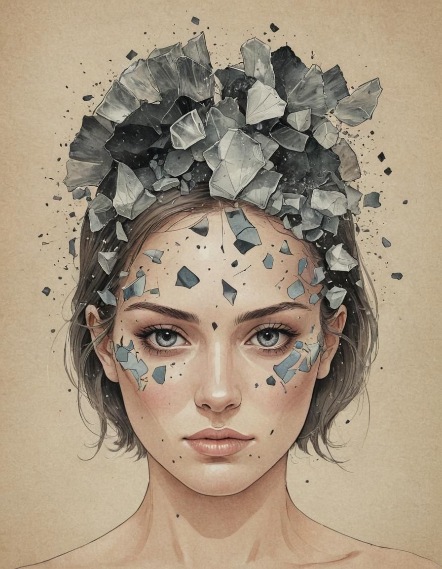 Cross Section of Female Head with Glass Shards