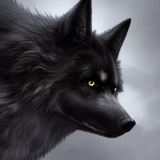 Detailed Black Wolf Fenrir in a Fantasy Landscape