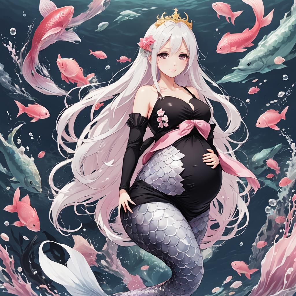 Anime Mermaid with White Hair and Pink Clothes