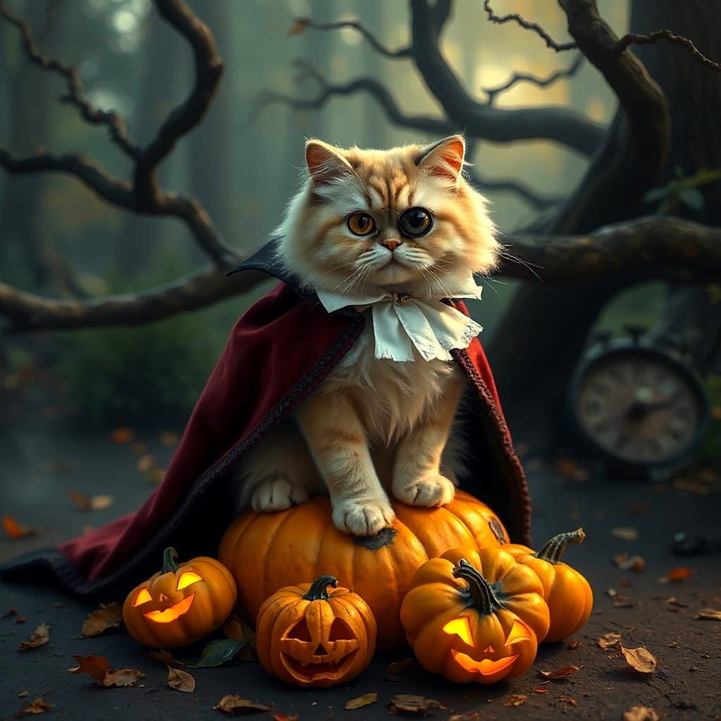 Persian Cat Vampire Count on Glowing Pumpkins