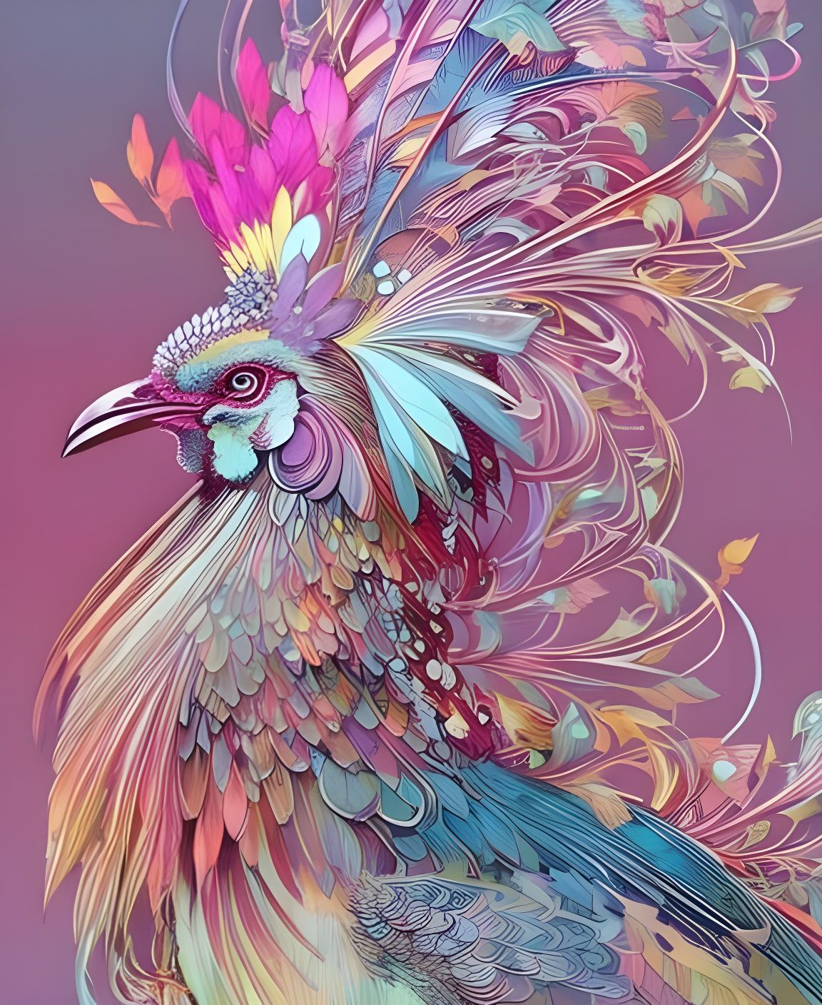 Flowery Rooster Portrait with Nacreous Outlines
