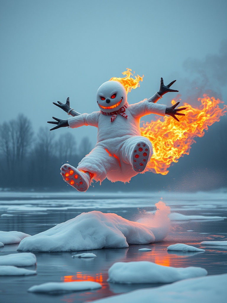 Fiery Snowman Leaps Over Icy Pond