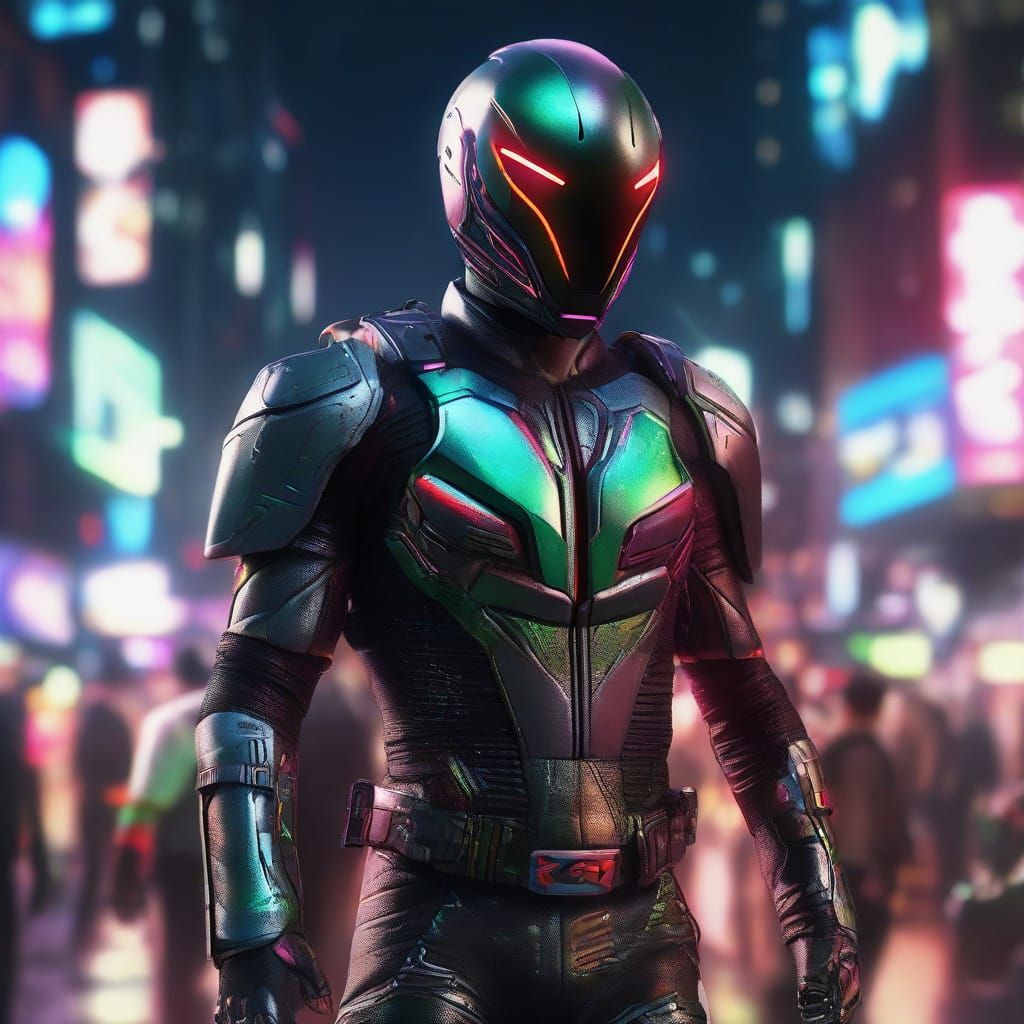 Kamen Rider in Neon City: Vibrant Sci-Fi Concept Art