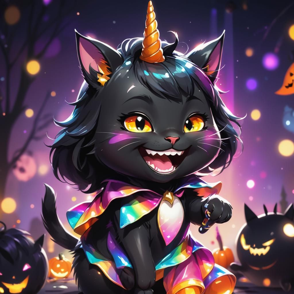 Cute Black Cat in Unicorn Costume, Anime Style