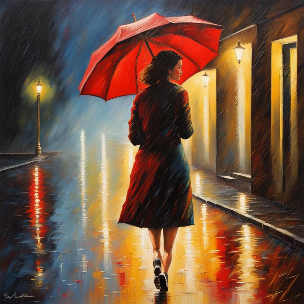 Woman in Rainy Lightning Storm: Expressionist Oil Painting