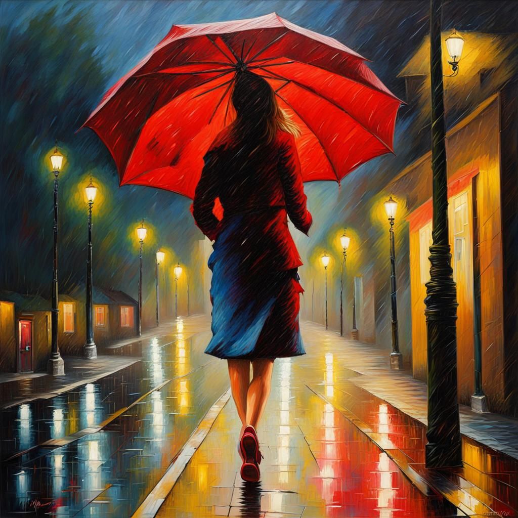Woman in Rain with Red Umbrella: Expressionist Painting