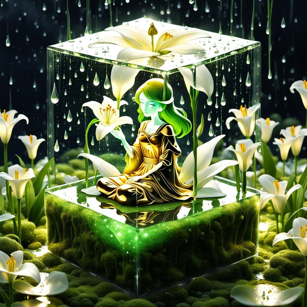 Opalescent Glass Woman in Golden Lily