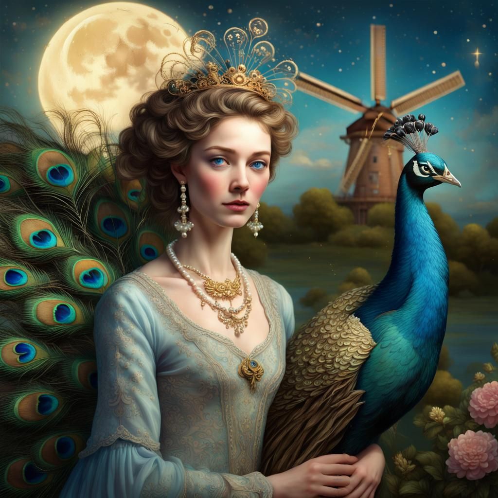 Princess with Peacock in Luminous Garden
