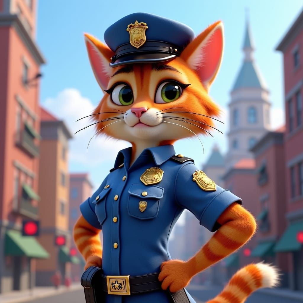 Tabby Cat Police Officer in Pixar Animation Style