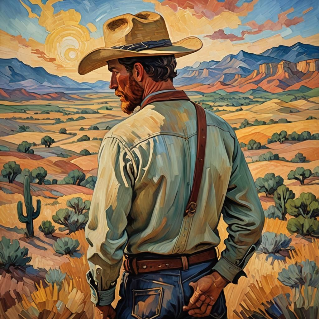 Cowboy in Desert Landscape: Neo-Impressionist Oil Painting