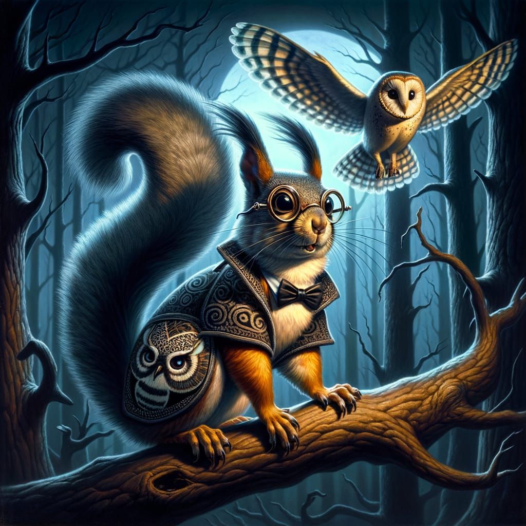 Squirrel Dressed as Owl in Gothic Forest