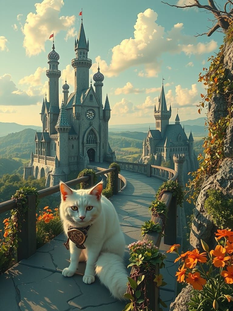 Majestic off-white cat with fox-like features and amber eyes...