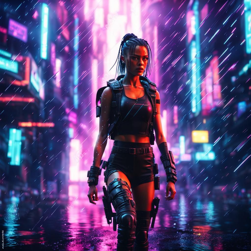 Cyberpunk Razorgirl in Neon Rain, Hyperrealistic Style