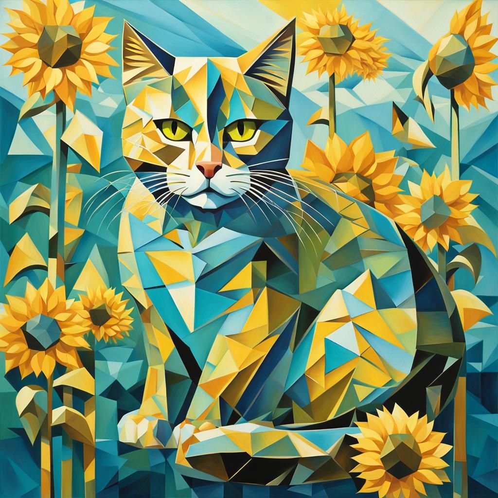 Cubist Cat in Crystalline Sunflower Field