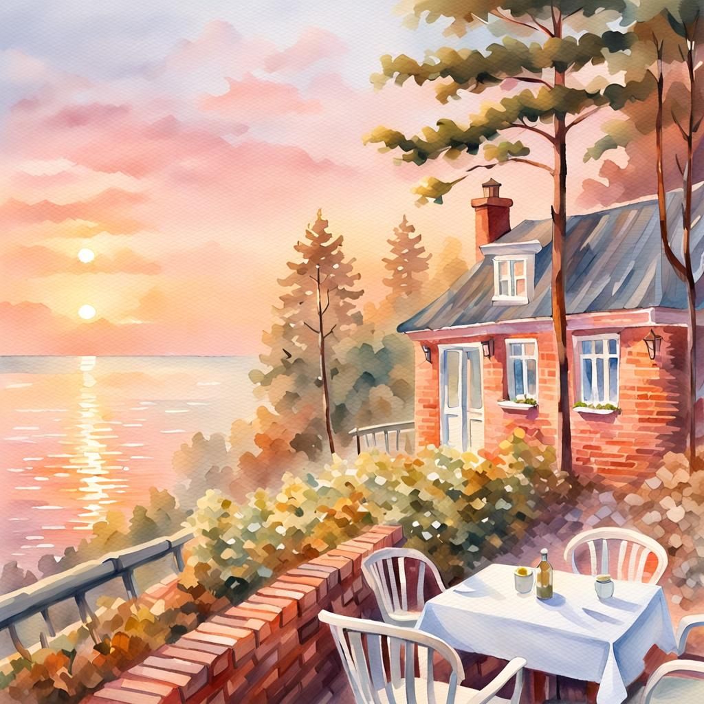Baltic Sea Bistro: Watercolor Seascape at Sunset