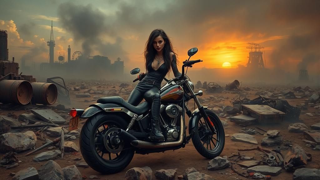 Post-Apocalyptic Rocker on Motorcycle at Eternal Dawn