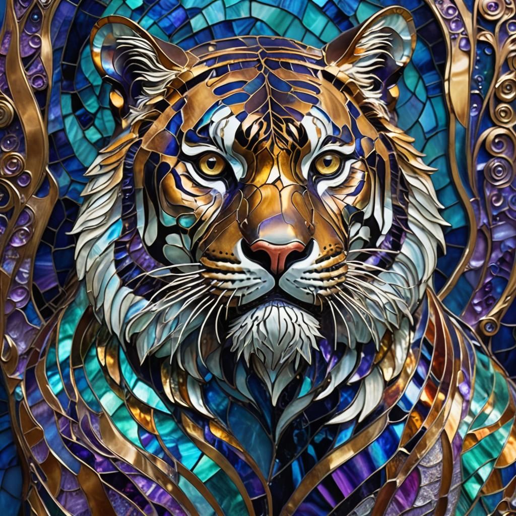 Iridescent Glass Tiger Art Nouveau Fantasy