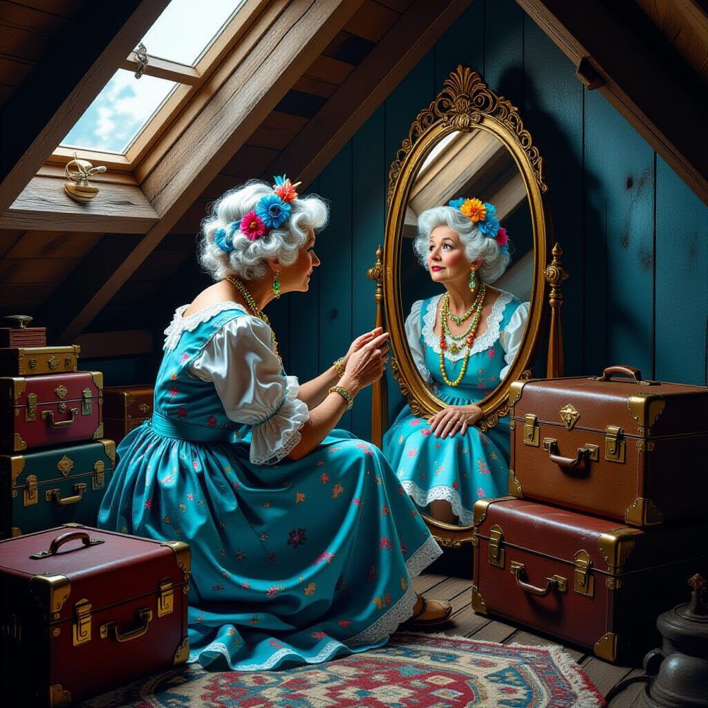 Whimsical Old Woman in Attic, Fantasy Concept Art