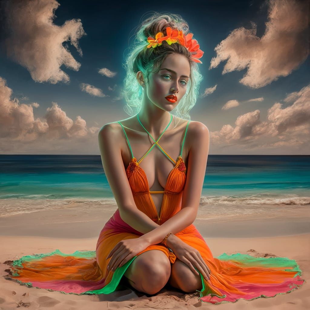 Bioluminescent Woman on Beach in Hyperrealistic Oil Painting