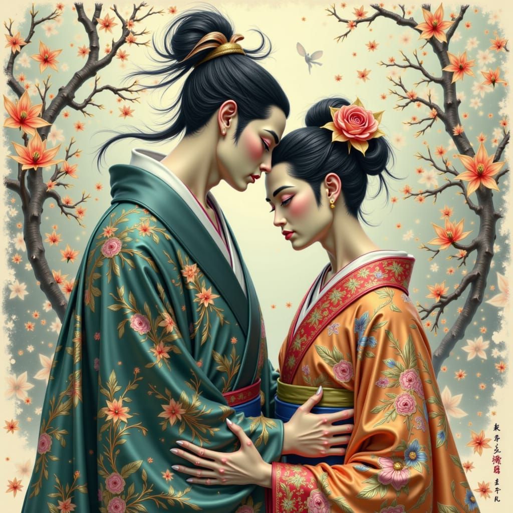 Geisha and Samurai Ghost in Watercolor Art Deco Style